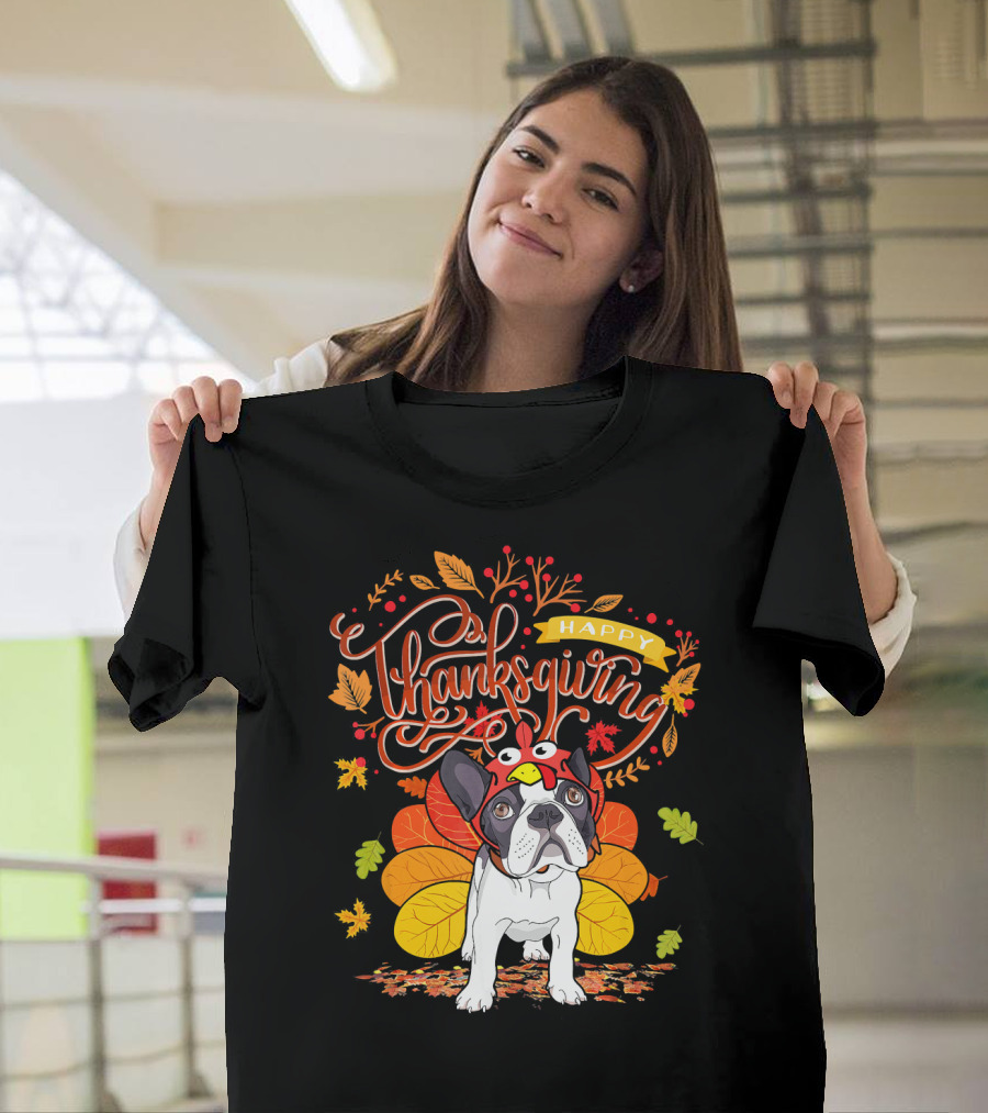 Happy Thanksgiving French Bulldog With Turkey Hat And Fall Leaves T-Shirt