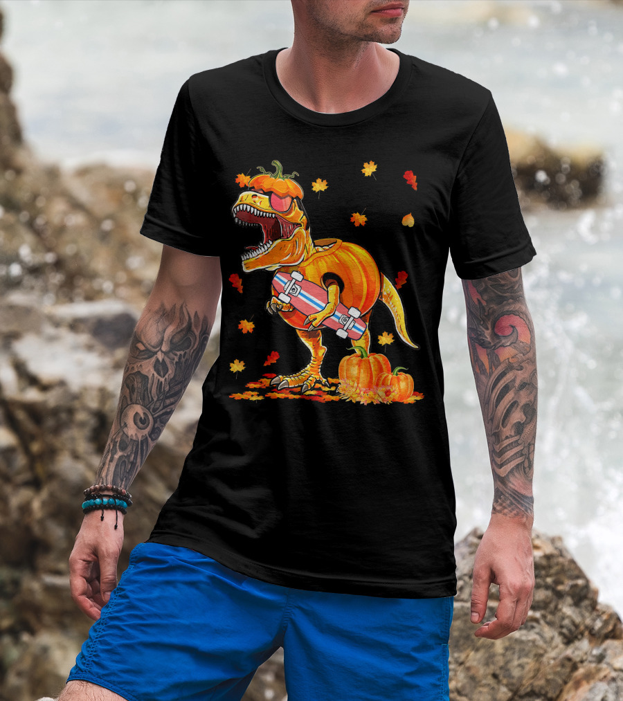 Dinosaur Pumpkin Skateboard Autumn Leaves Hall T-Shirt