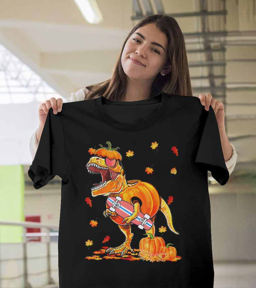 Dinosaur Pumpkin Skateboard Autumn Leaves Hall T-Shirt