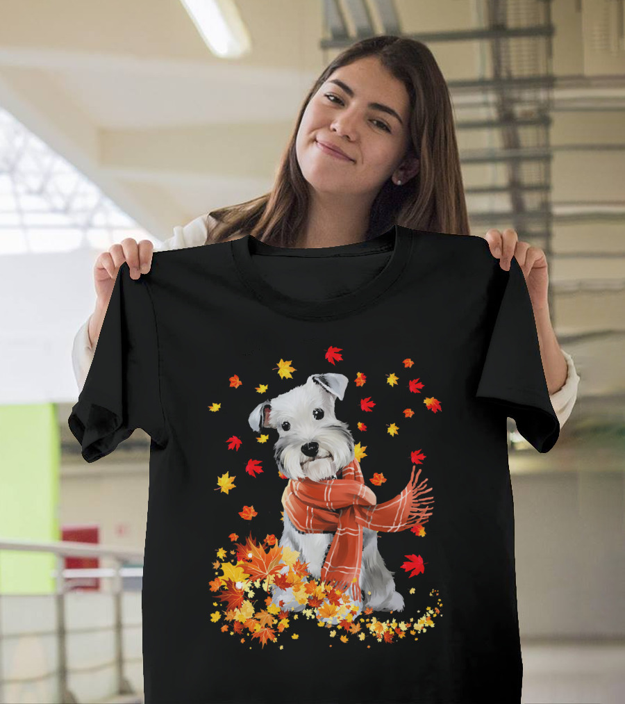 Cute Schnauzer Dog Autumn Leaves And Cozy Scarf T-Shirt