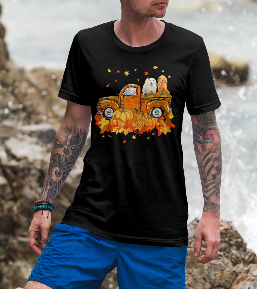 Golden Retriever Puppies In Vintage Pumpkin Truck With Autumn Leaves T-Shirt