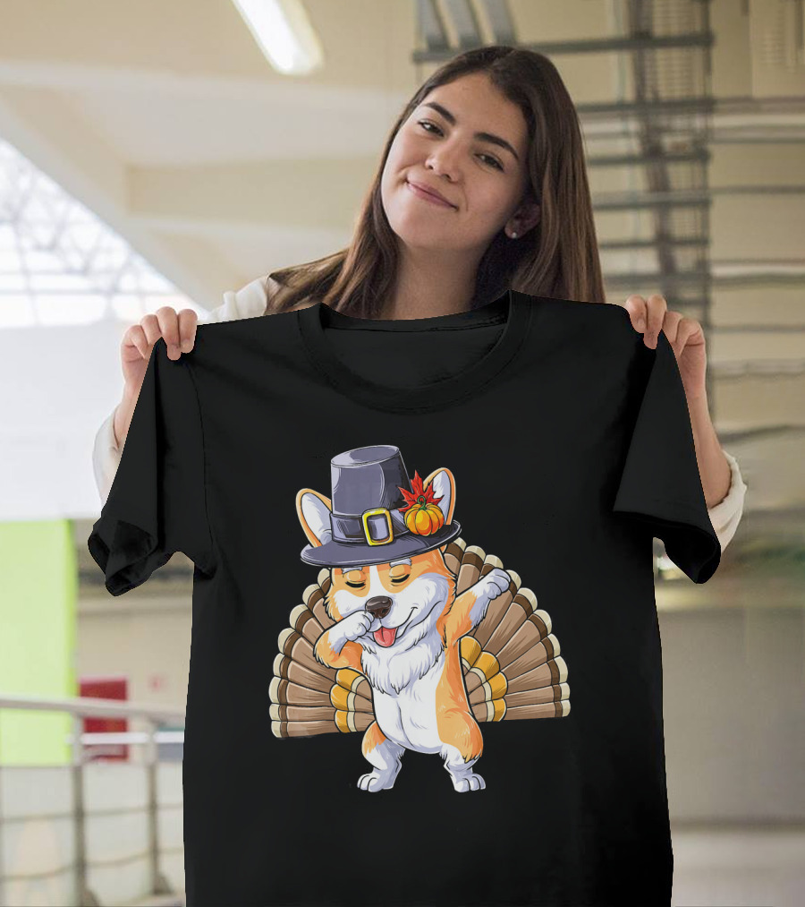 Thanksgiving Dabbing Corgi Pilgrim Hat Turkey Tail T-Shirt
