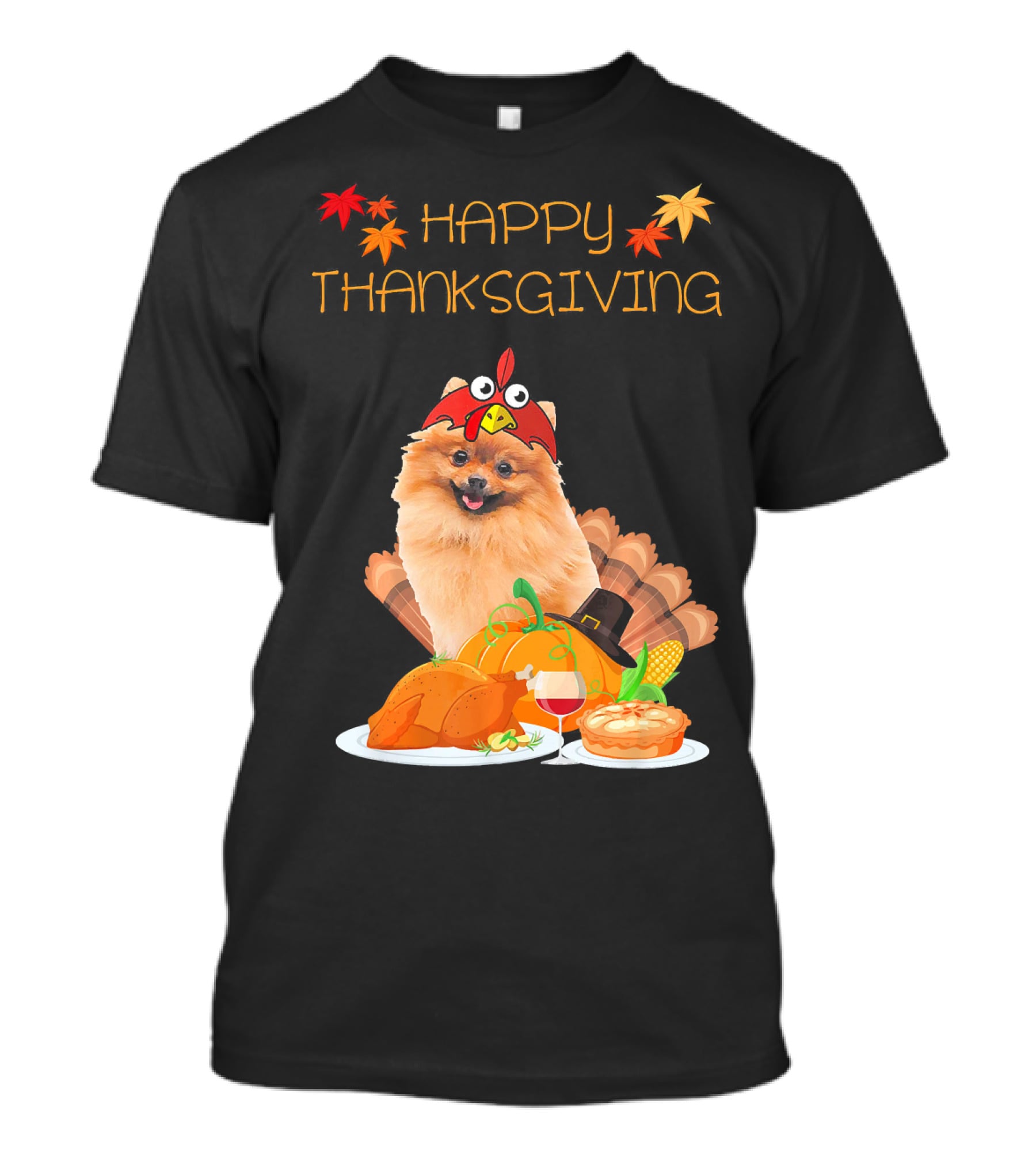 Happy Thanksgiving Day Pomeranian Turkey Pumpkin Pie T-Shirt
