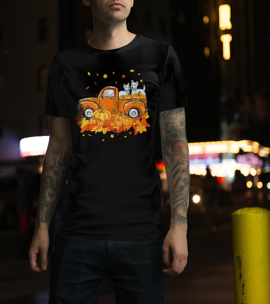 Westie Dogs In Pumpkin Truck With Fall Leaves Halloween T-Shirt
