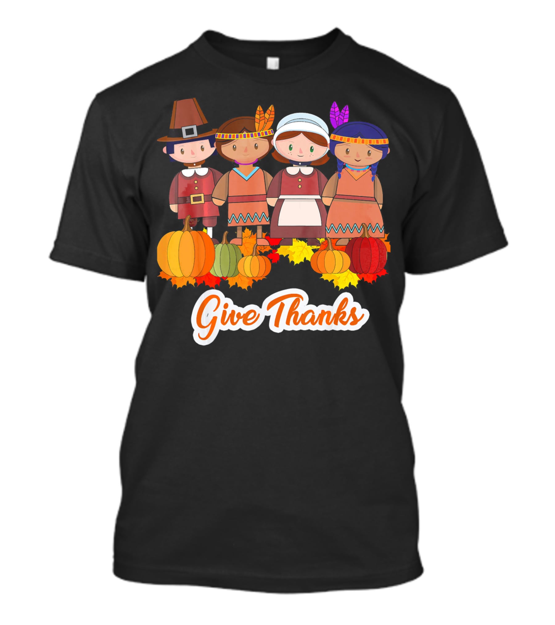Give Thanks Thanksgiving Pilgrim And Native American With Pumpkins T-Shirt