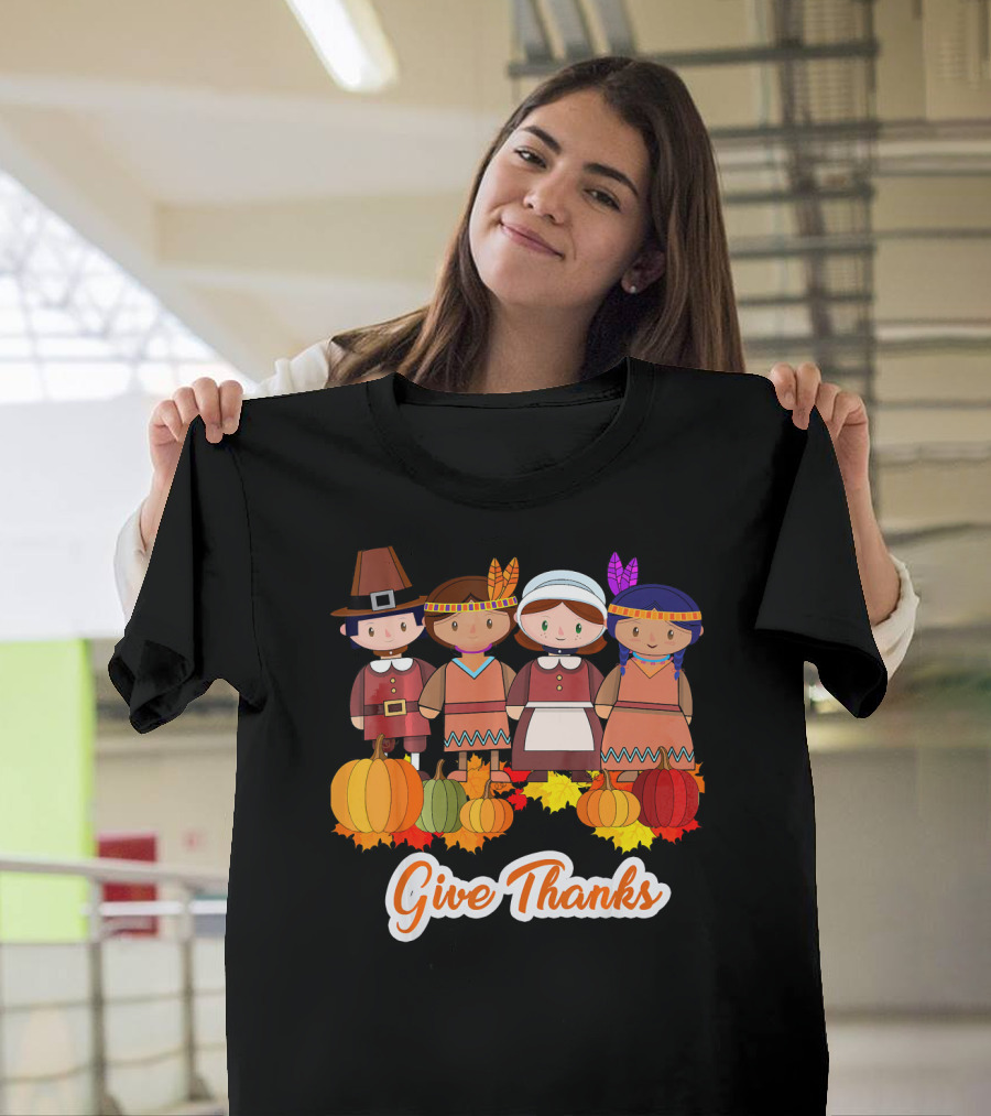 Give Thanks Thanksgiving Pilgrim And Native American With Pumpkins T-Shirt