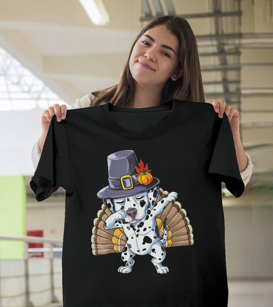 Thanksgiving Dabbing Dalmatian Pilgrim Hat Turkey Tail T-Shirt