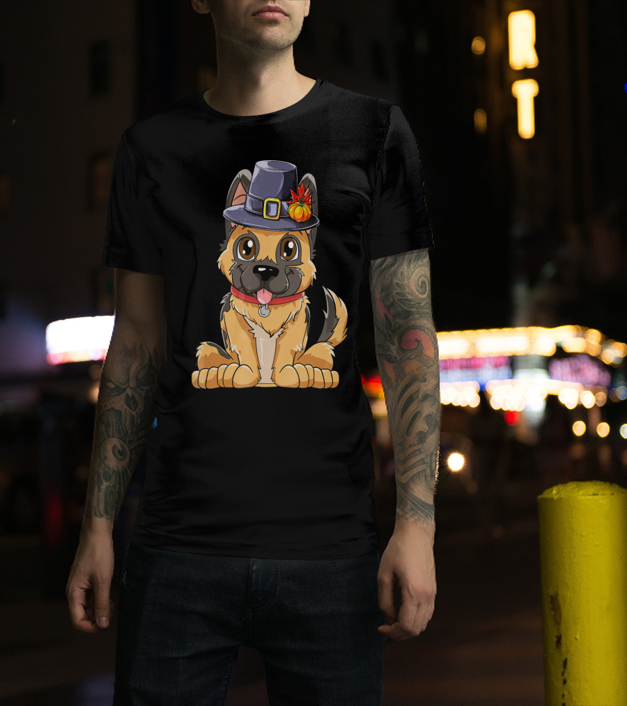Thanksgiving Kids German Shepherd Cartoon Dog With Pilgrim Hat And Pumpkin T-Shirt