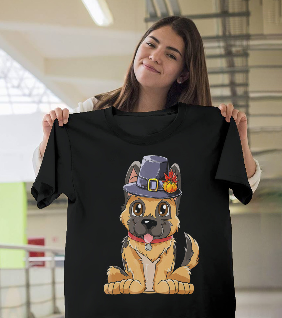 Thanksgiving Kids German Shepherd Cartoon Dog With Pilgrim Hat And Pumpkin T-Shirt