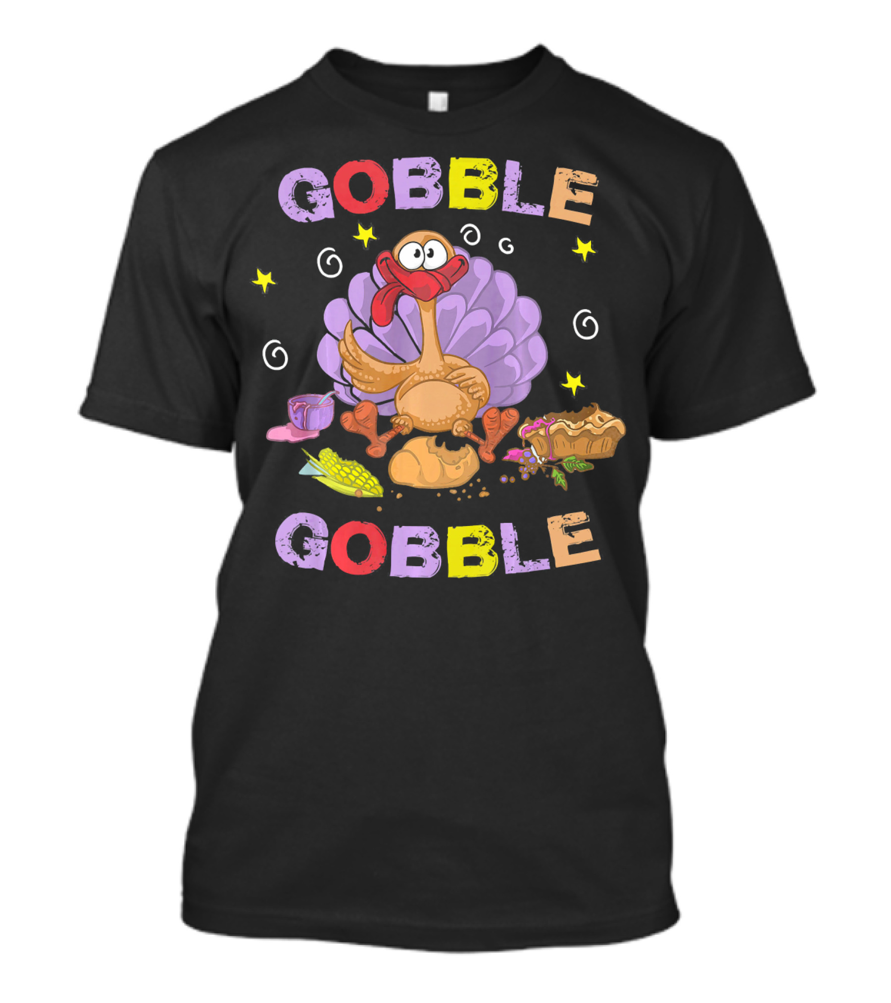 Gobble Gobble Funny Turkey Cartoon Corn Bread Pie Stars Thanksgiving T-Shirt