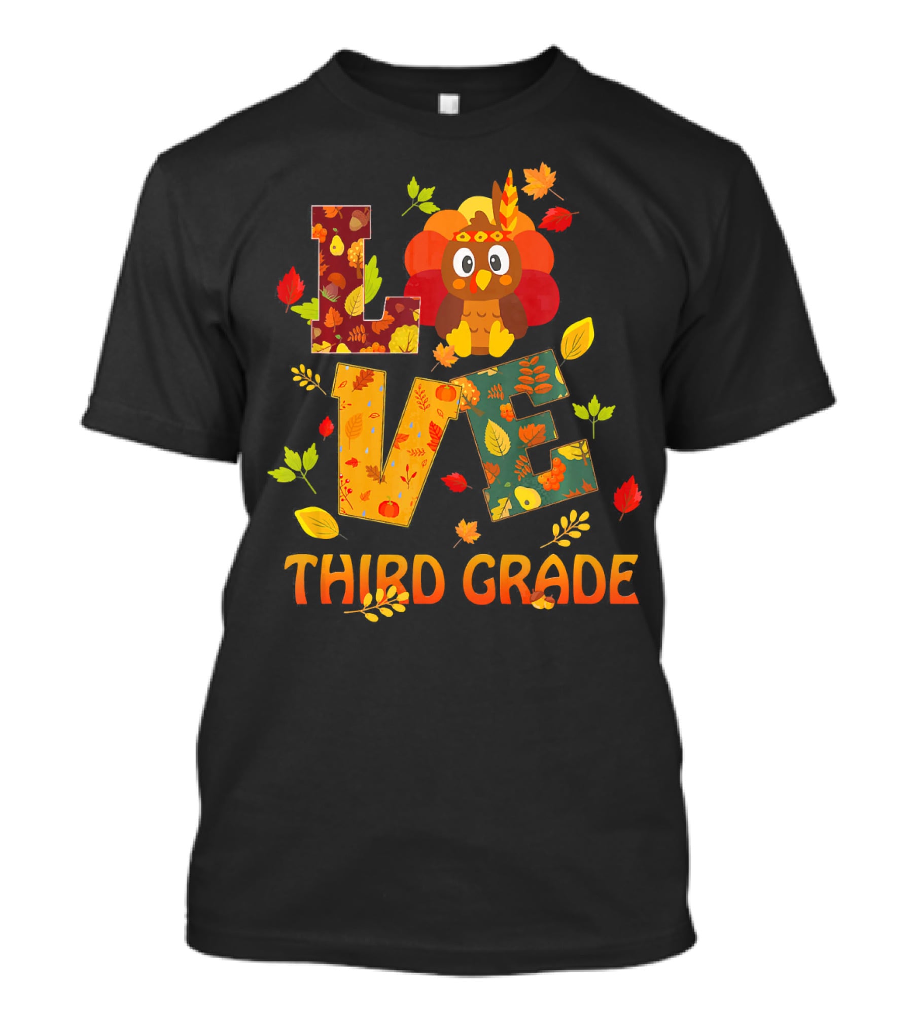 Love Thankful Third Grade Teacher Fall Thanksgiving Turkey T-Shirt