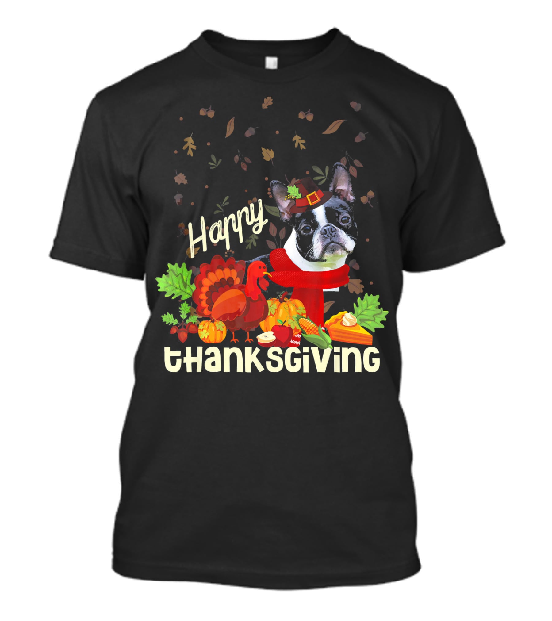 Happy Thanksgiving Boston Terrier Pilgrim With Turkey And Autumn Leaves T-Shirt