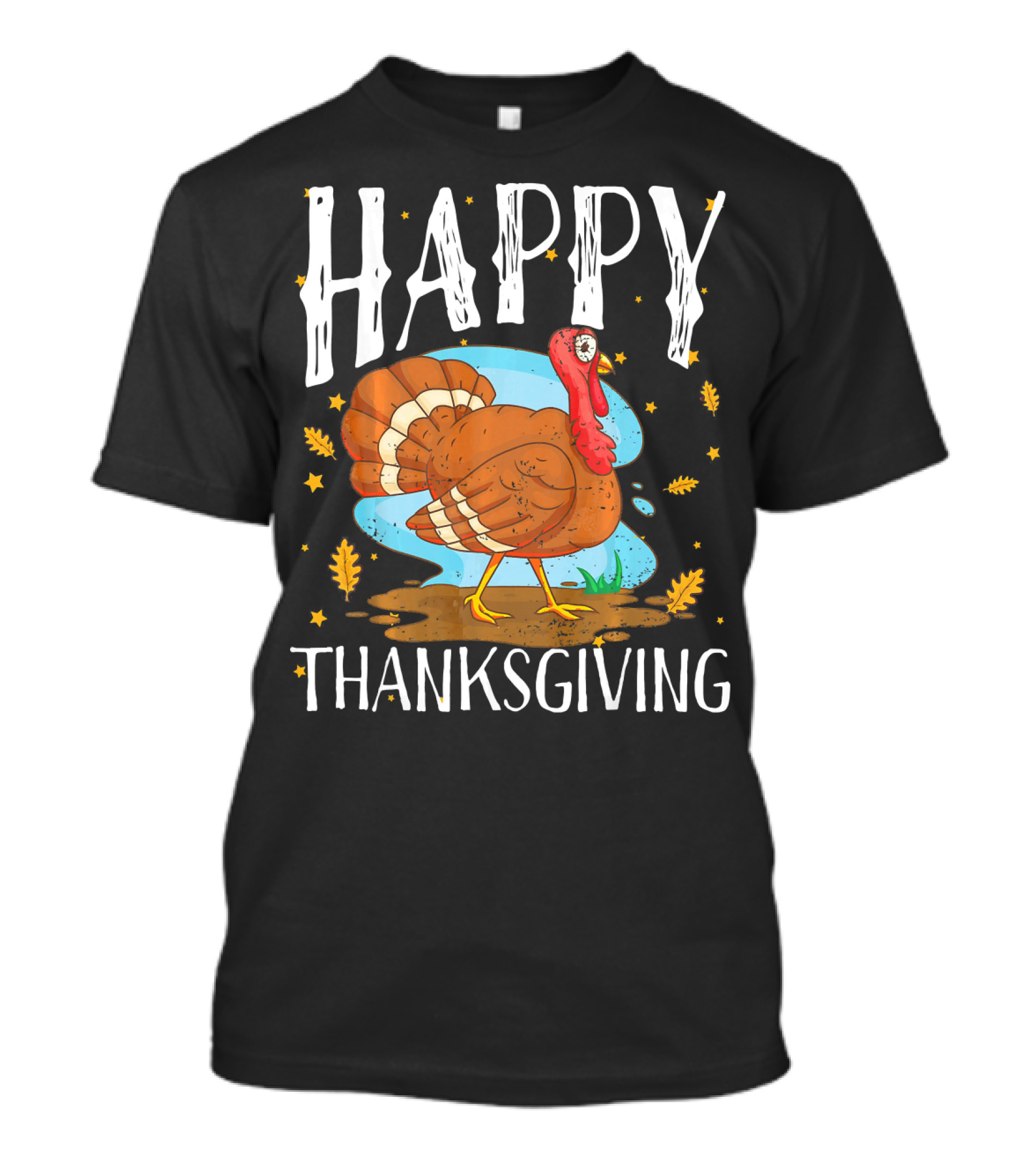Happy Thanksgiving Funny Turkey Comic Style Leaves Stars T-Shirt
