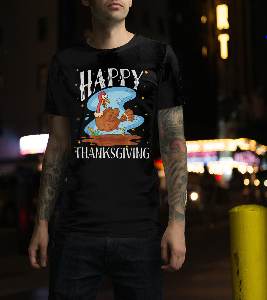 Happy Thanksgiving Running Turkey Cartoon T-Shirt