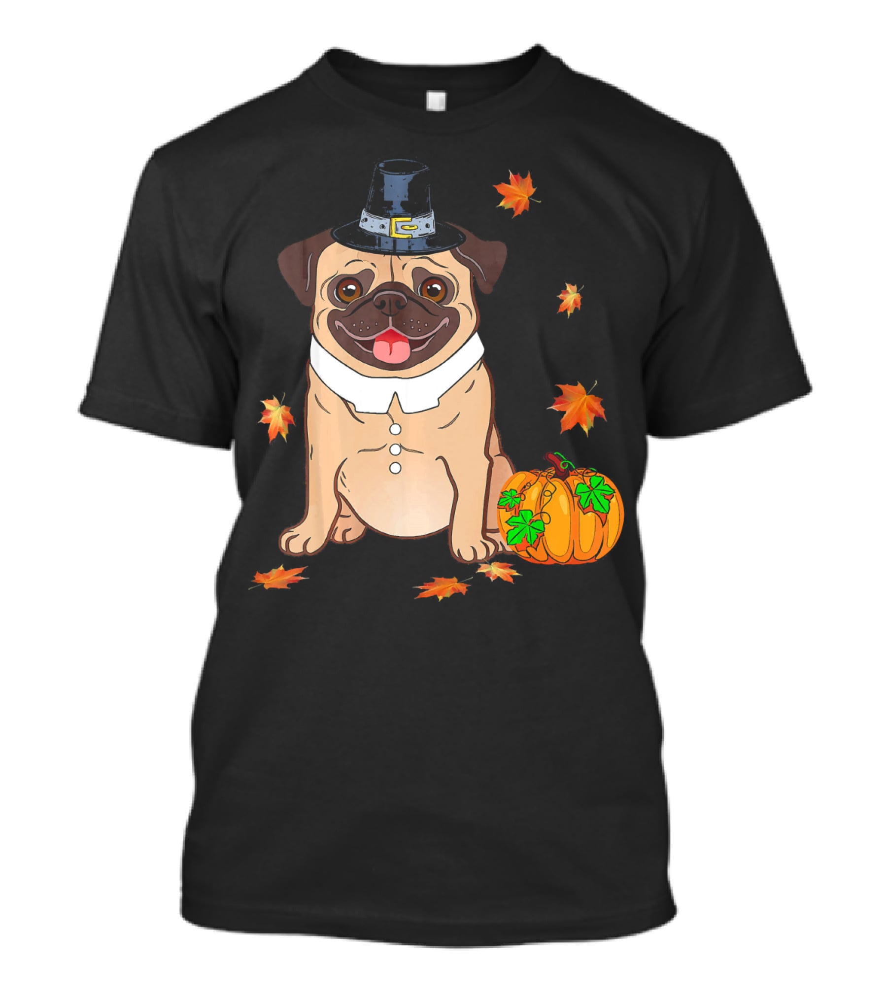 Thanksgiving Pug Pilgrim Hat Pumpkin Leaves T-Shirt