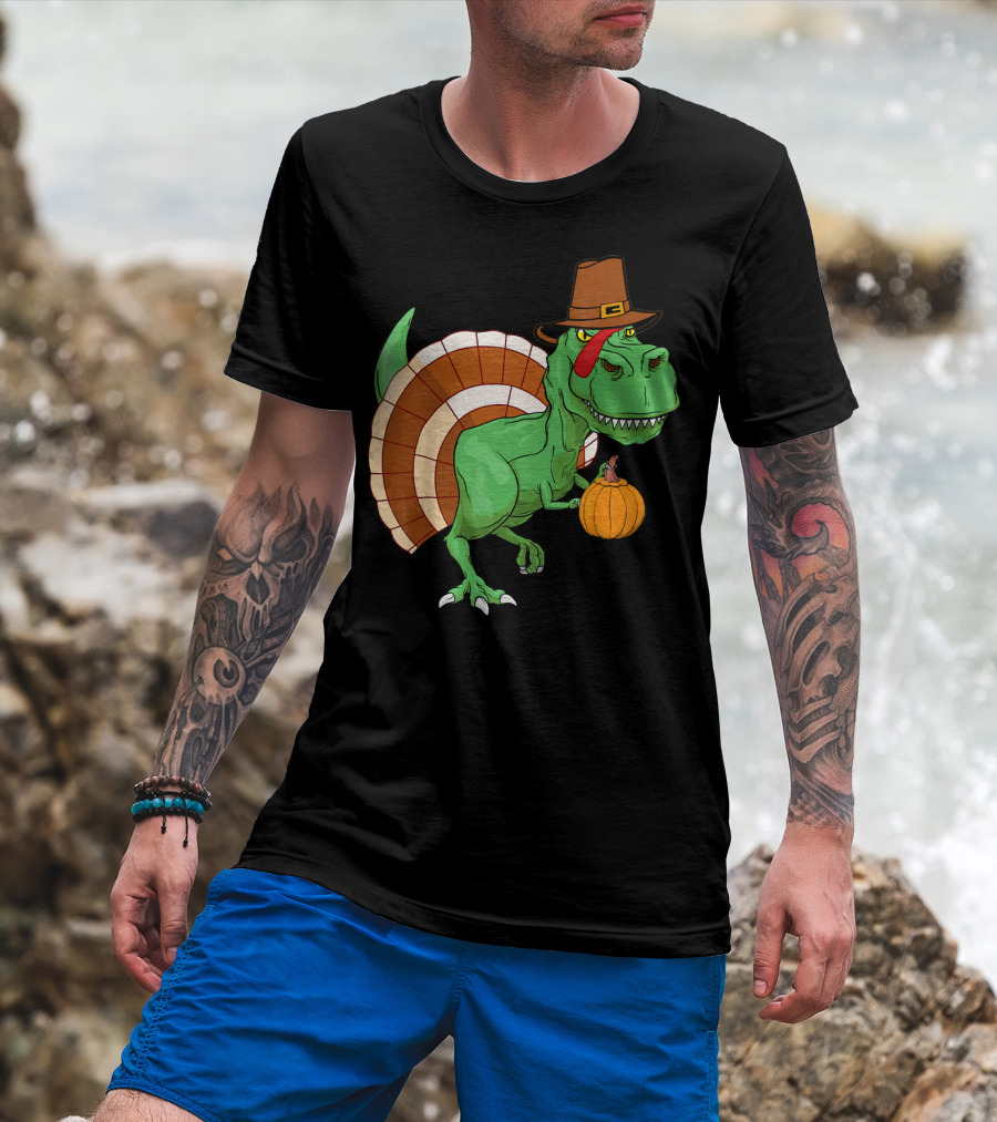 Thanksgiving T-Rex Turkey With Pilgrim Hat And Pumpkin T-Shirt