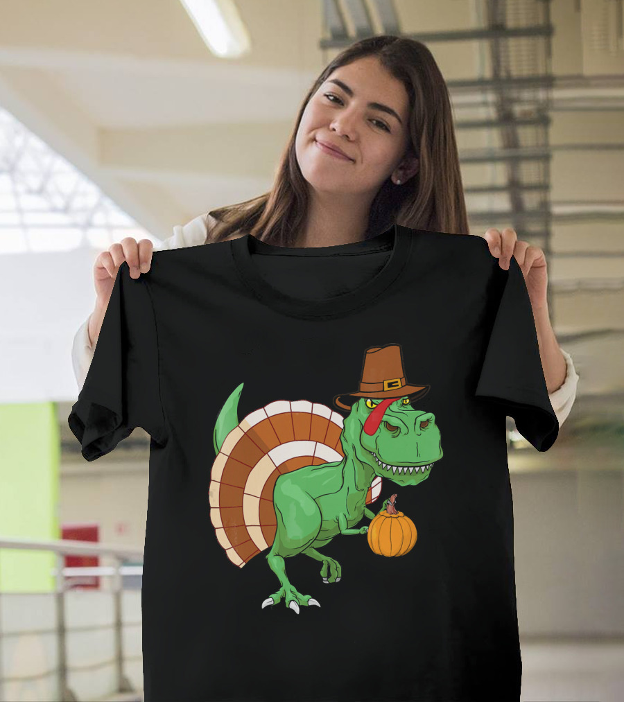 Thanksgiving T-Rex Turkey With Pilgrim Hat And Pumpkin T-Shirt