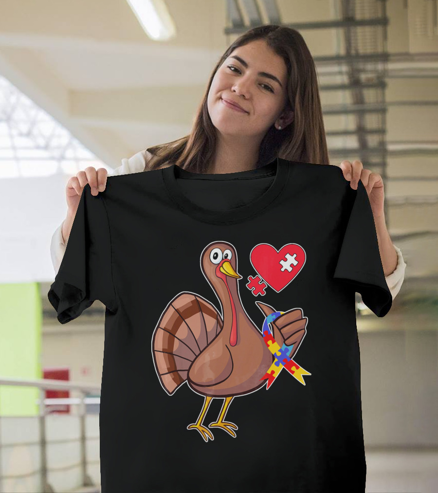Funny Autism Awareness Turkey Heart Puzzle T-Shirt