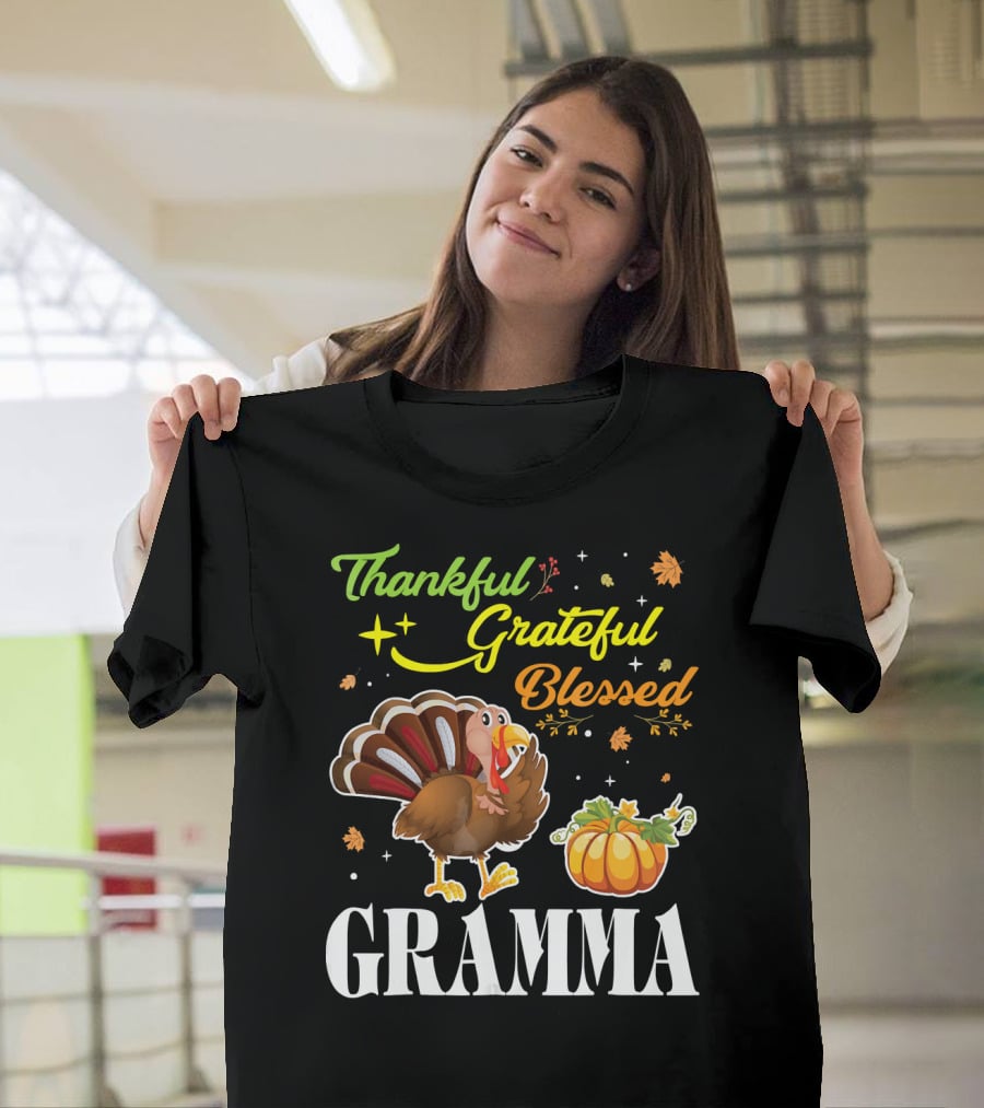 Thankful Grateful Blessed Gramma Turkey Pumpkin Thanksgiving Fall Leaves T-Shirt