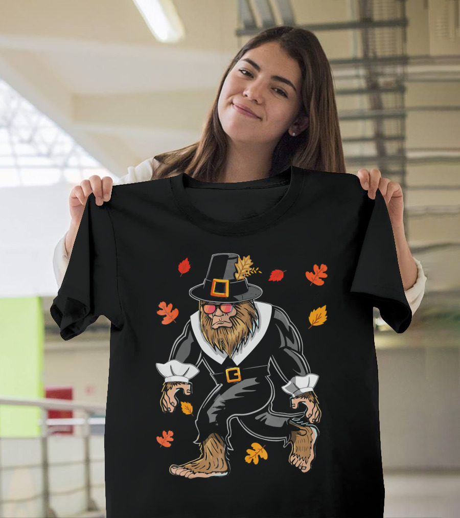 Thanksgiving Pilgrim Bigfoot Sasquatch with Autumn Leaves T-Shirt