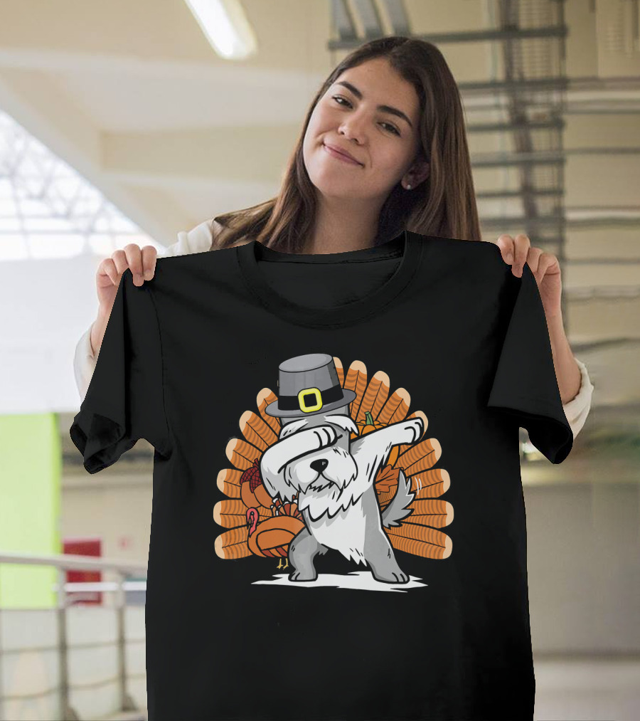 Funny Dabbing Schnauzer Thanksgiving Pilgrim Hat Turkey Dance T-Shirt