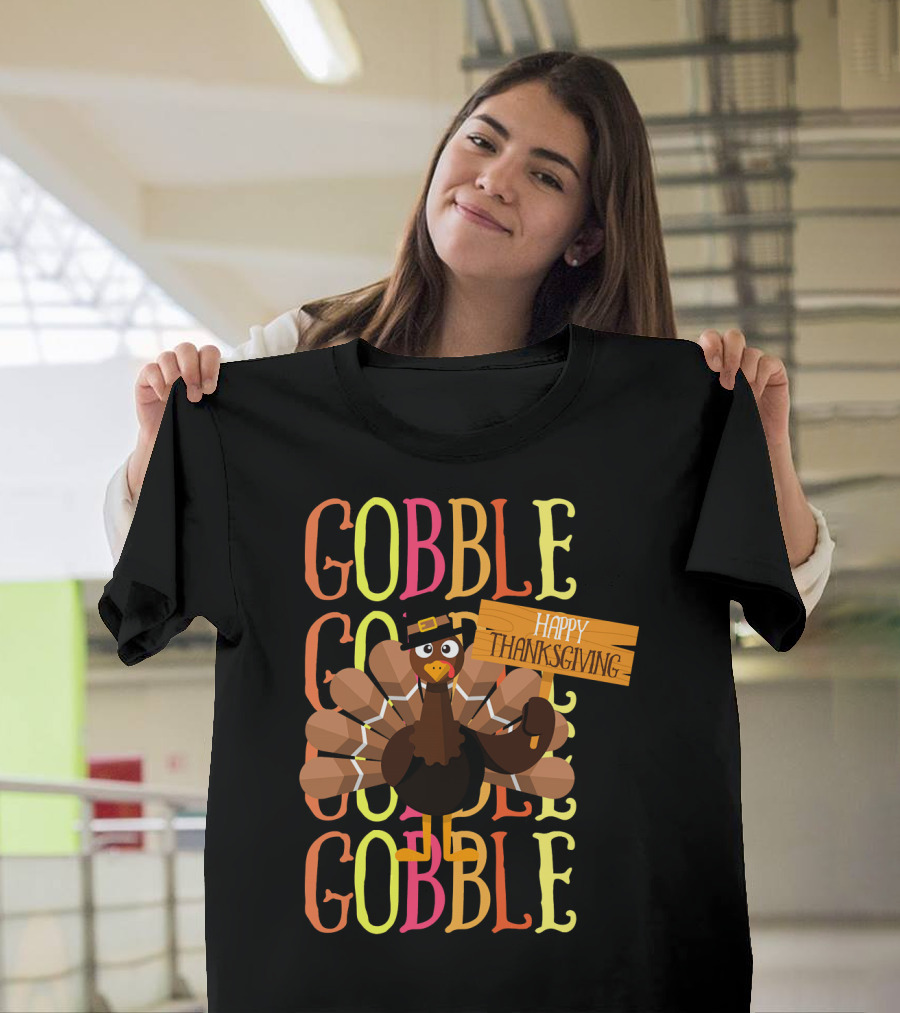 Gobble Gobble Happy Thanksgiving Turkey Pilgrim T-Shirt