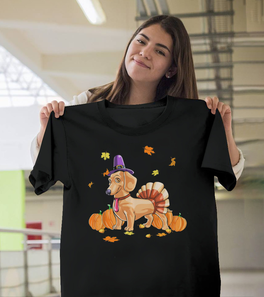 Happy Thanksgiving Dachshund Dressed As Turkey With Pumpkins And Fall Leaves T-Shirt