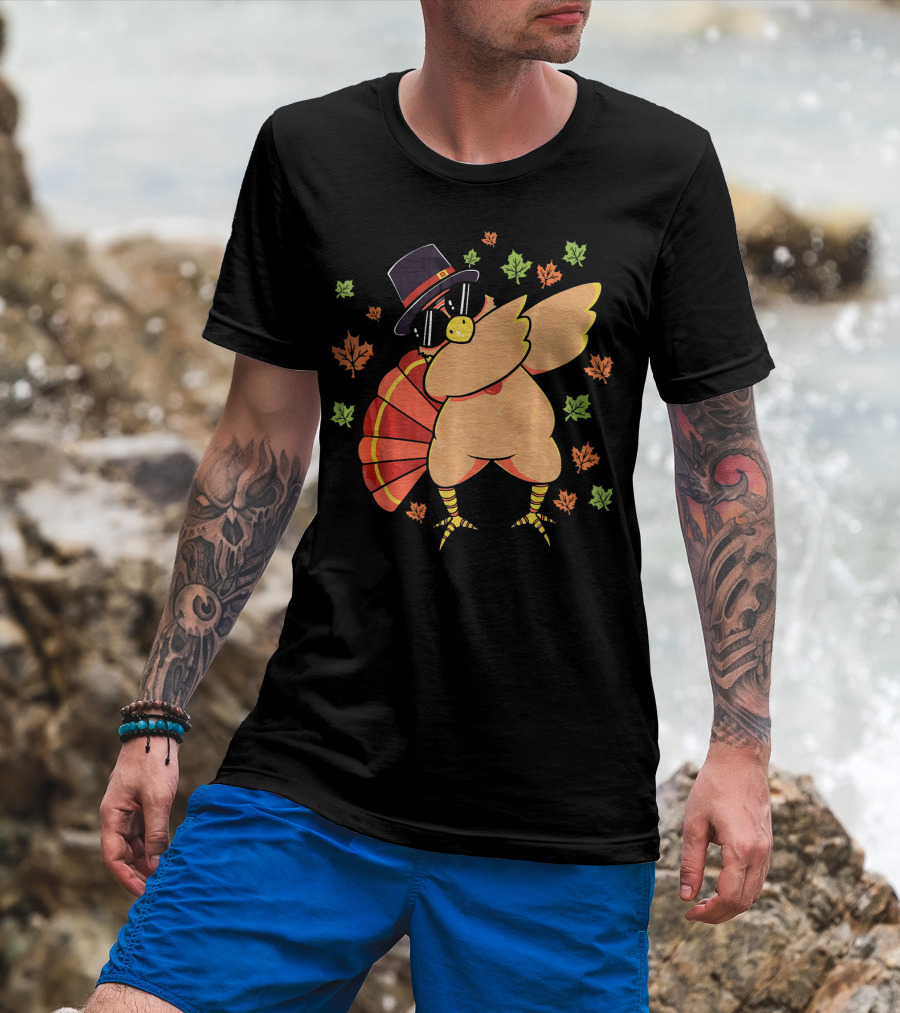 Cute Dabbing Turkey With Sunglasses And Pilgrim Hat Surrounded By Autumn Leaves T-Shirt