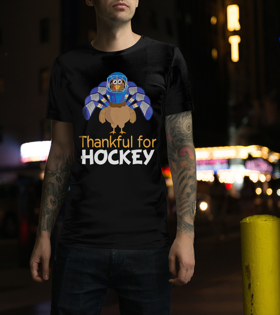 Thankful For Hockey Funny Turkey With Goalie Mask And Stick Feathers T-Shirt