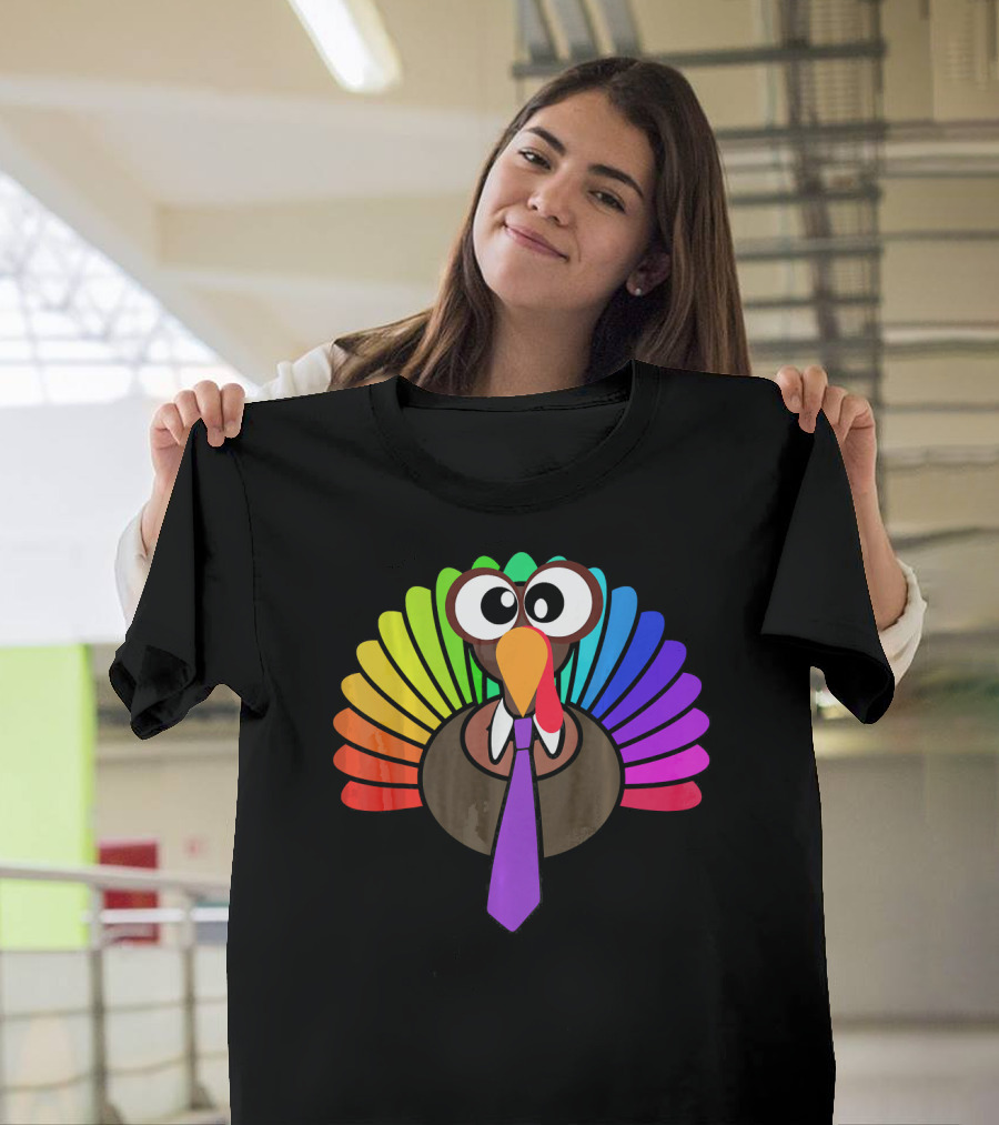 Turkey Face Tie Thanksgiving Colorful Feathers T-Shirt