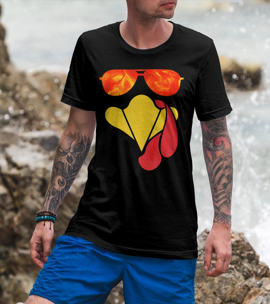 Turkey Face Thanksgiving Sunglasses Fire Flame T-Shirt