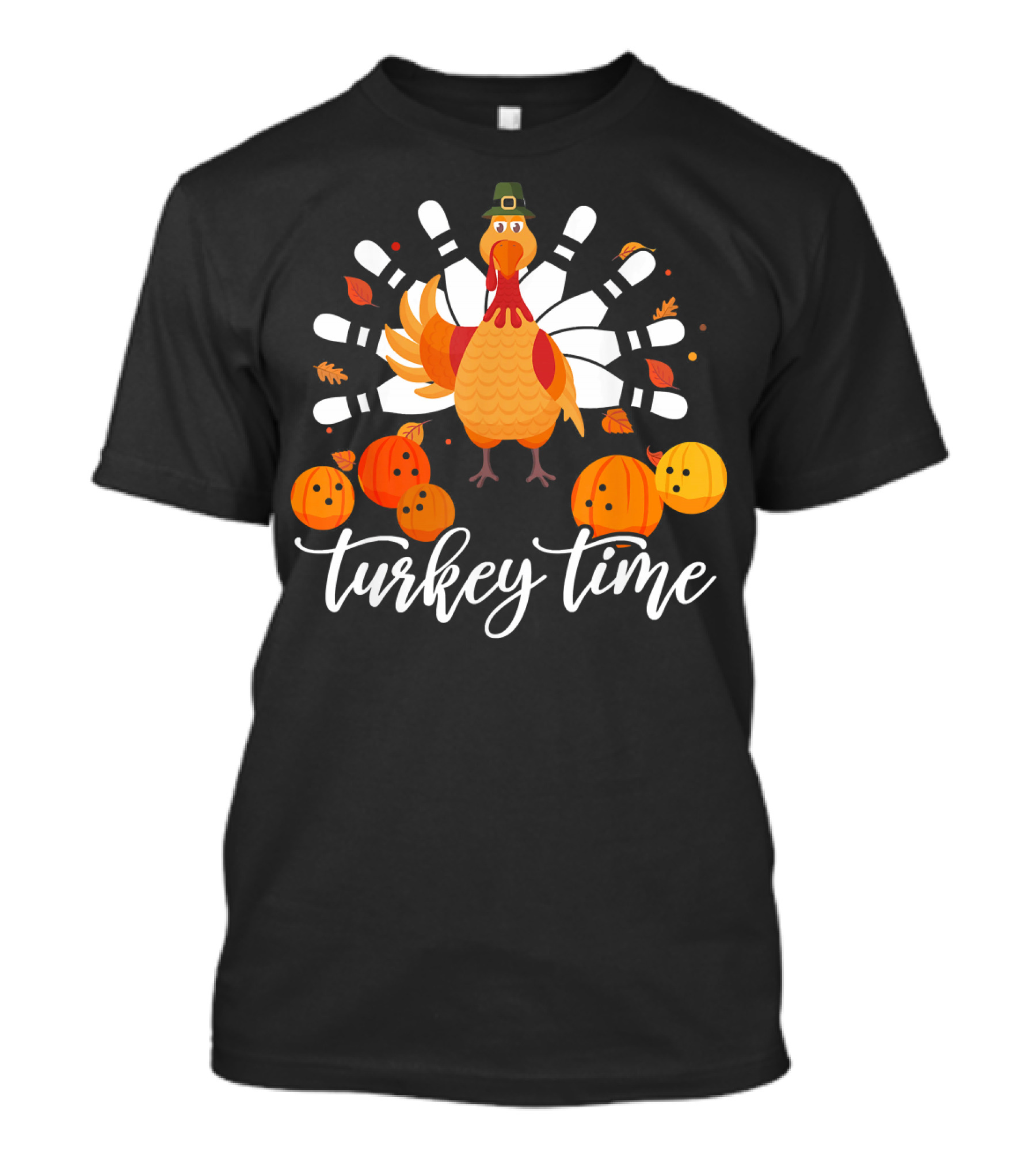 Turkey Time Bowling Fun Thanksgiving Turkey Bowling Pins Pumpkins T-Shirt