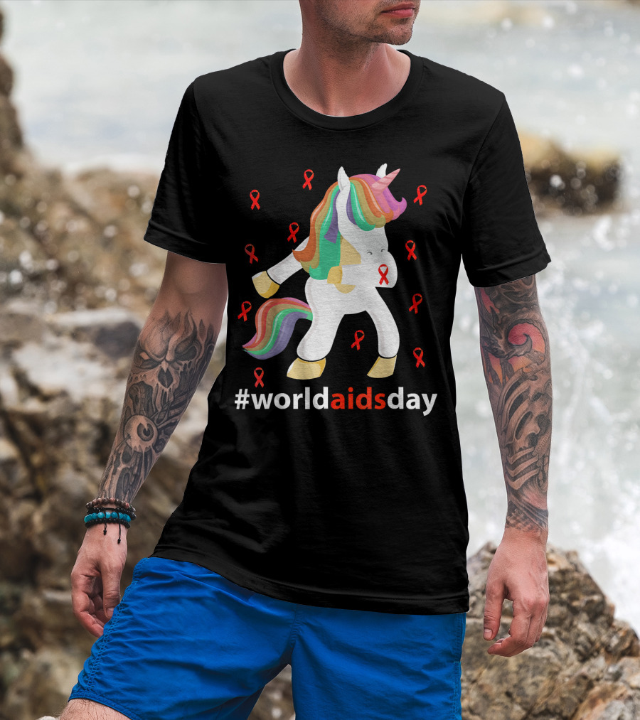 WorldAIDSDay Unicorn With Red Ribbons December 1st T-Shirt