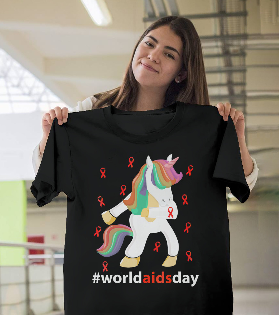 WorldAIDSDay Unicorn with Red Ribbons December 1st T-Shirt