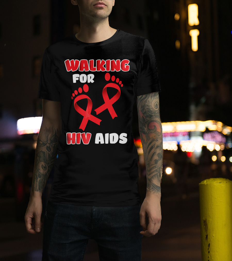 Walking For Hiv Aids Awareness With Red Ribbon Footprint T-Shirt