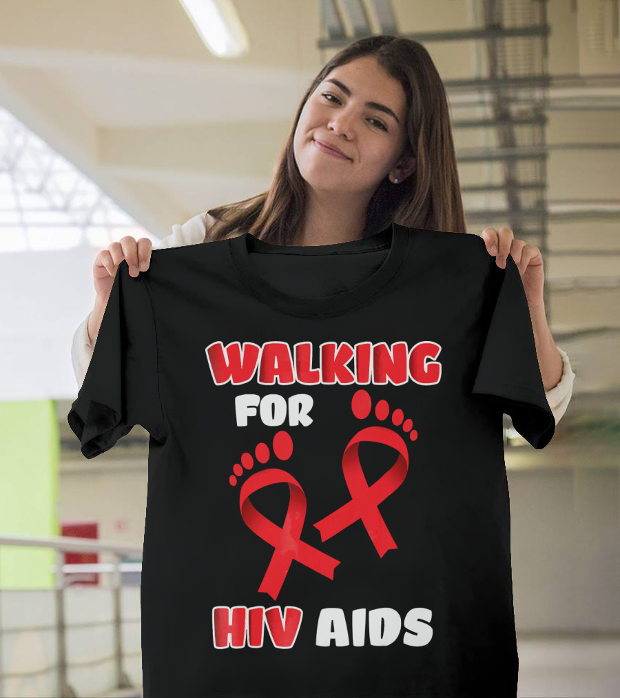 WALKING FOR HIV AIDS AWARENESS WITH RED RIBBON FOOTPRINT T-Shirt