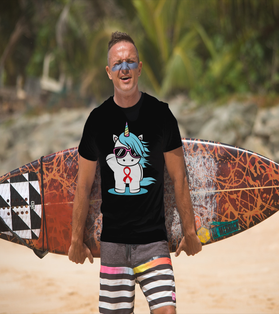 Unicorn With Sunglasses Red Ribbon Aids Awareness HIV Stigma Support T-Shirt