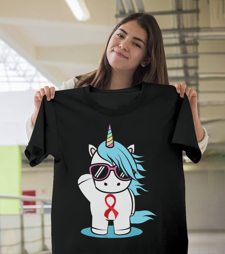 Unicorn With Sunglasses Red Ribbon Aids Awareness HIV Stigma Support T-Shirt