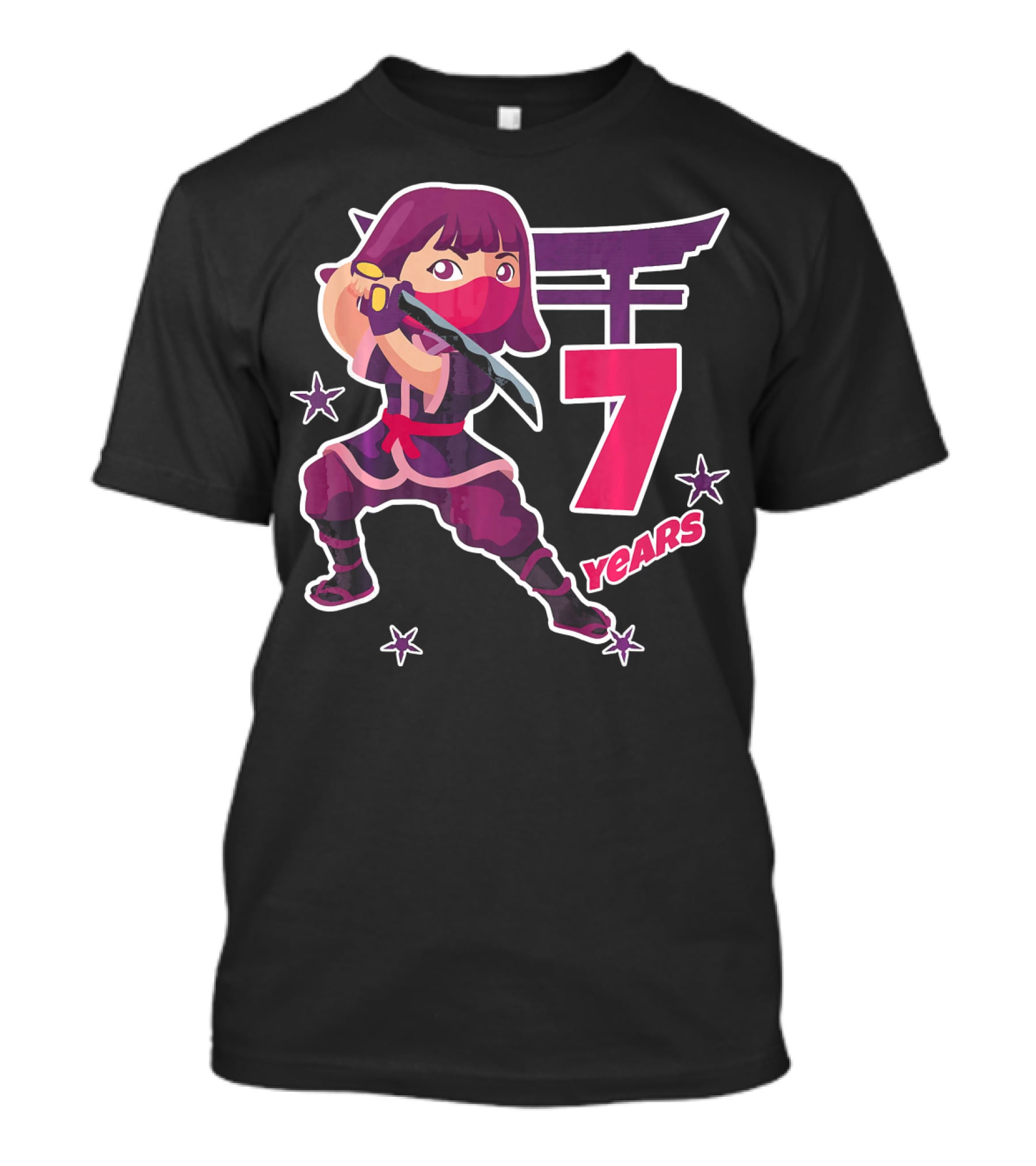 Ninja Girl 7 Years Birthday Celebration With Sword And Stars T-Shirt