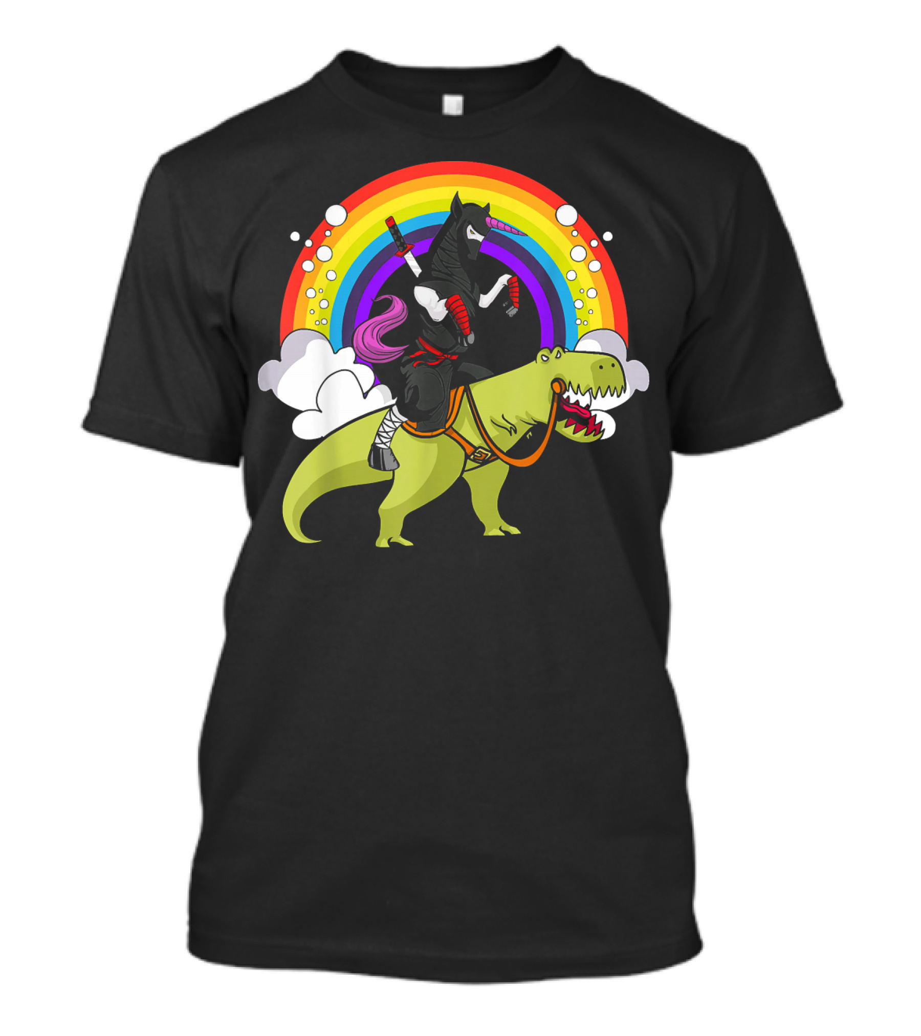 Ninja Unicorn Samurai Riding Rex Dinos Under Rainbow T-Shirt