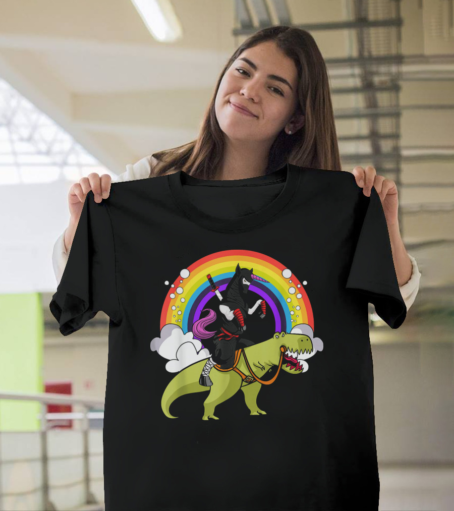 Ninja Unicorn Samurai Riding Rex Dinos Under Rainbow T-Shirt