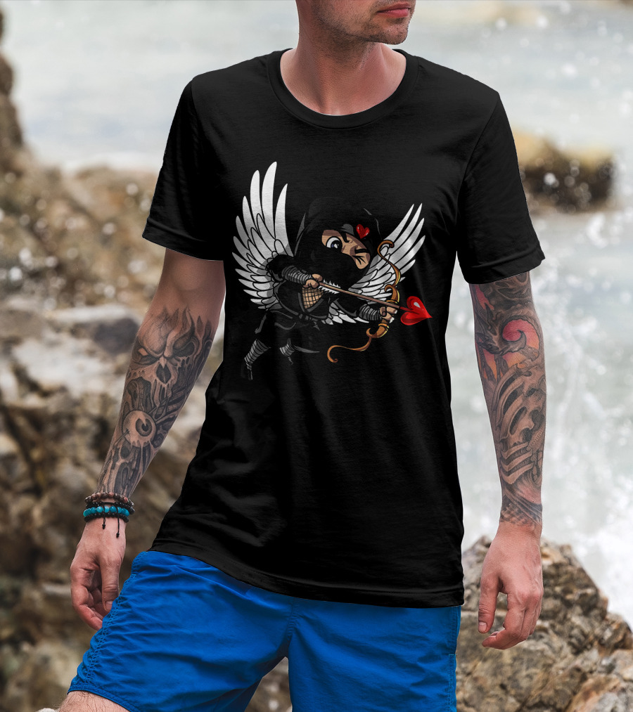 Ninja Cupid Valentine With Bow And Heart Arrow Angel Wings T-Shirt