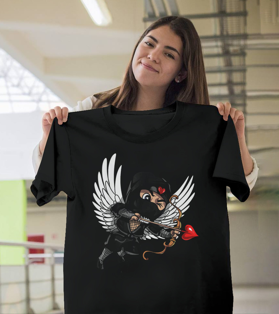 Ninja Cupid Valentine With Bow And Heart Arrow Angel Wings T-Shirt