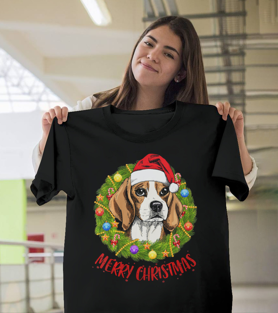 Merry Christmas Beagle Dogs in Santa Hat with Holiday Wreath T-Shirt