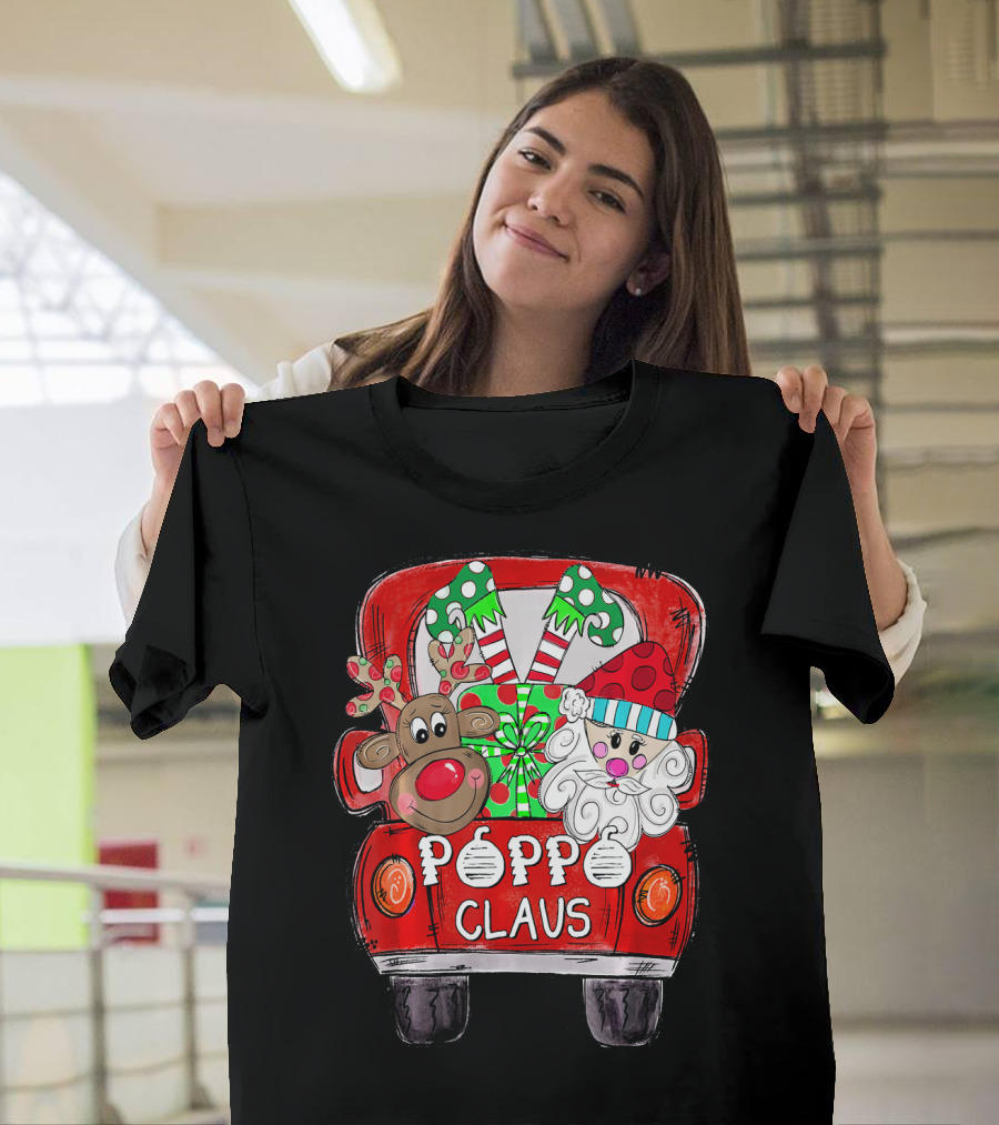 Red Truck with Poppo Claus, Reindeer, and Christmas Gifts T-Shirt