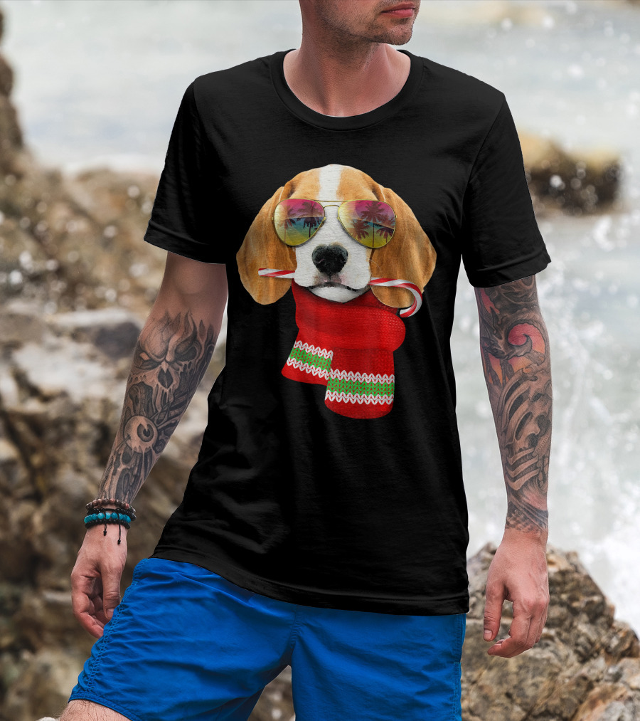 Christmas In July Beagle Sunglasses Candy Cane Scarf T-Shirt