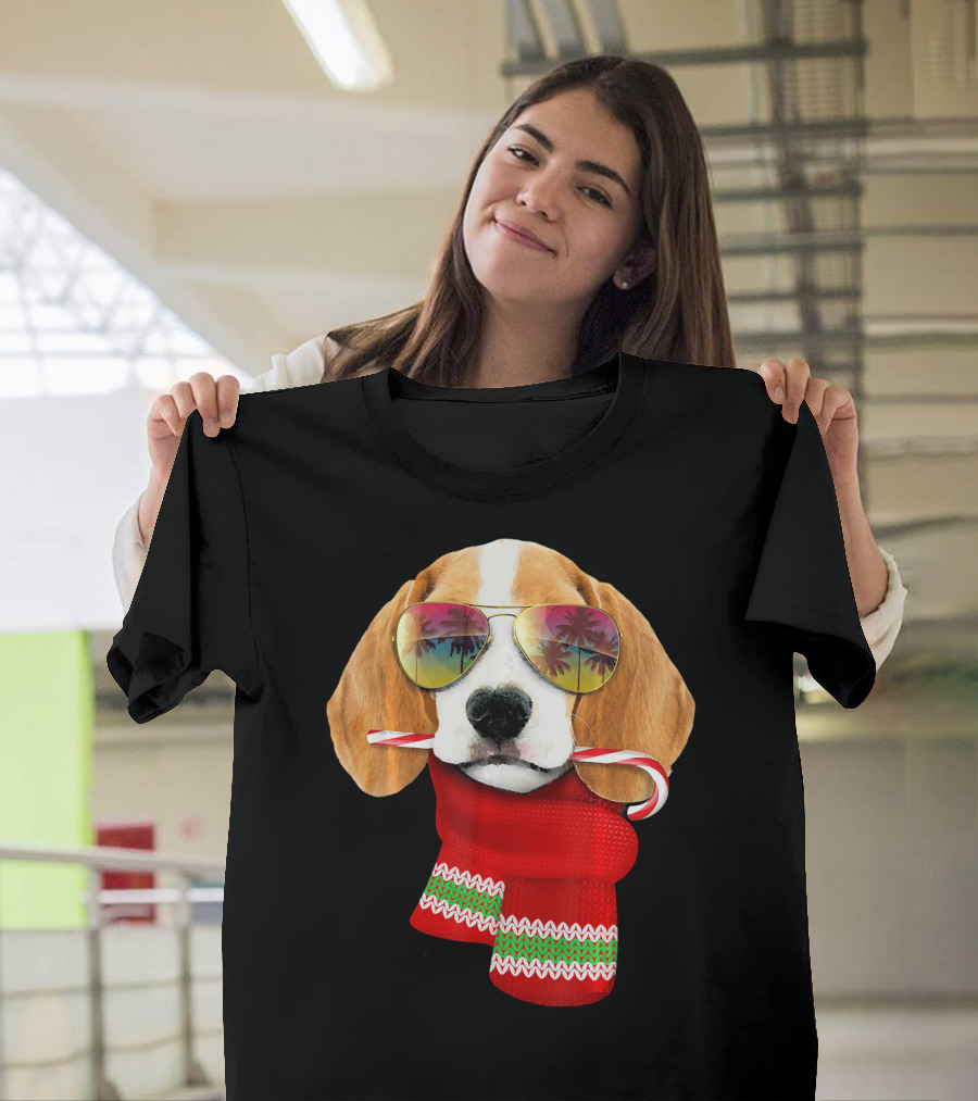 Christmas in July Beagle Sunglasses Candy Cane Scarf T-Shirt