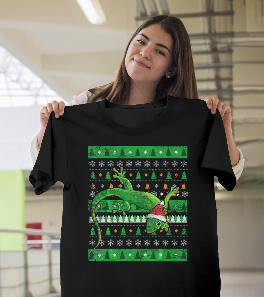 Ugly Christmas Lizard With Santa Hat And Holiday T-Shirt