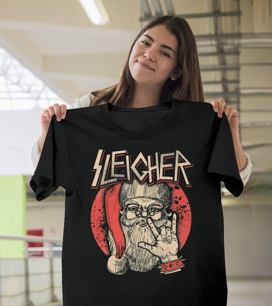 SLEIGHER Heavy Metal Music Santa Circle Red Santa Hat Hand Gesture T-Shirt