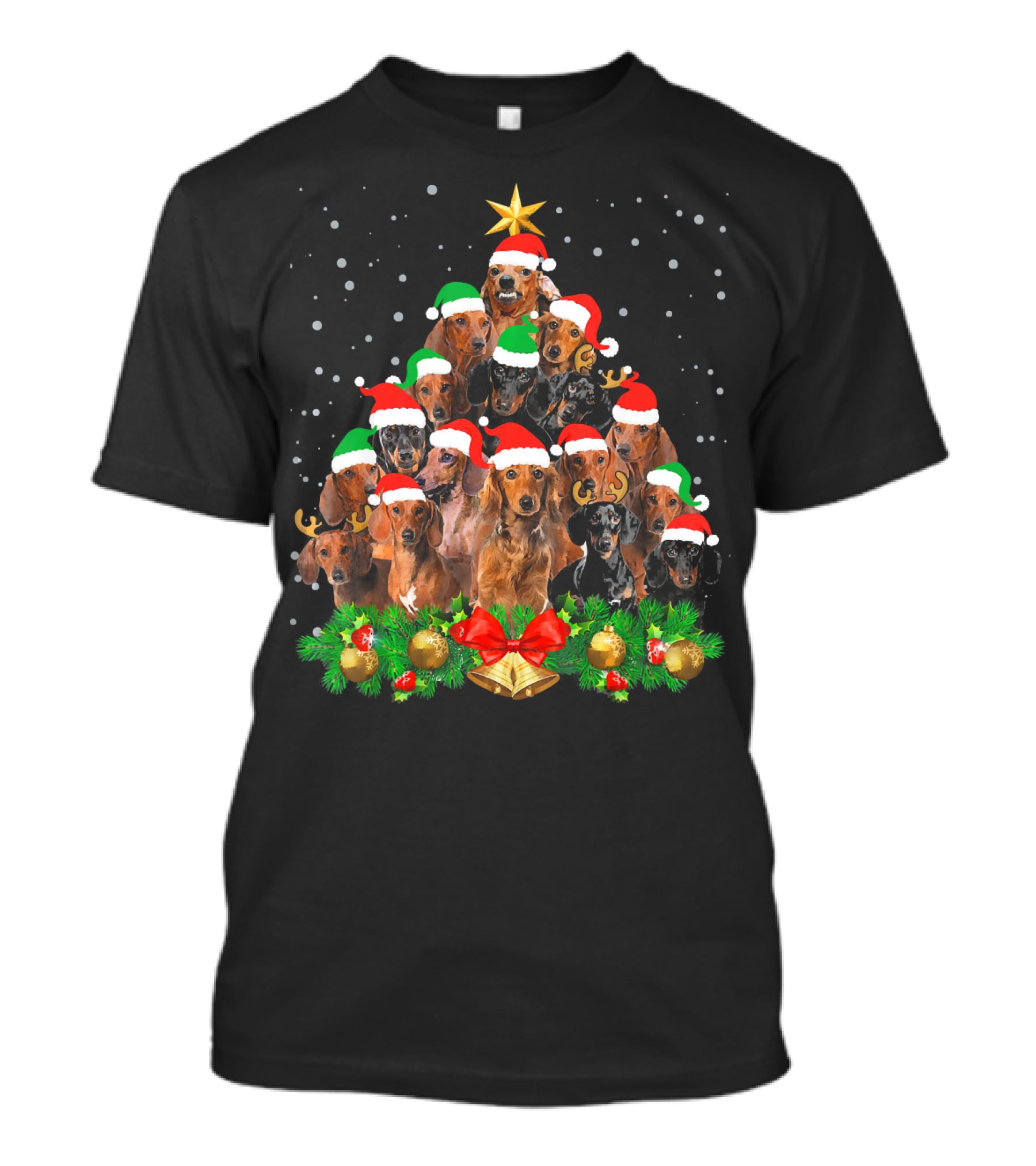 Funny Dachshund Christmas Tree With Santa Hats And Holiday Decorations T-Shirt